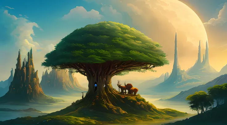 A mysterious and epic landscape with a fantastic and surreal world of floating islands, Giant trees and mythical creatures, Under the giant trees mythical animals and plants, estrellas en el cielo, planetas estelares gigantes, transporting the viewer to a ...