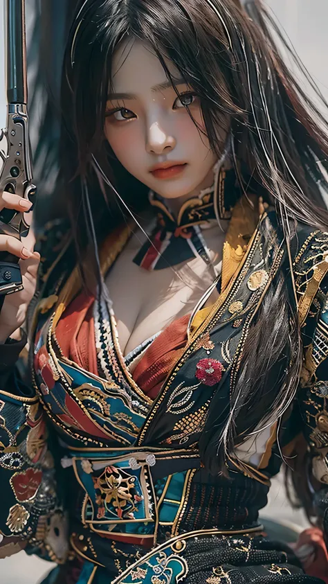 (highest image quality), (masterpiece), (vibrant, photography realistic, Realistic, Dramatic, Dark, Sharp focus, 8K), beautiful, Highly detailed face and skin texture, samurai costume, ethereal beauty, mature asian woman,black long hair, make up, nsfw , ((...