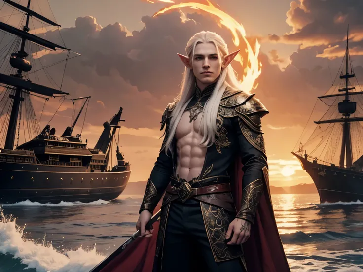 a young elf, he has pale skin and white long hair, he has pointy ears, wearing mediavel fine clothes, his left hand is made of fire, there is a tatoo on the top of the right hand, this tatoo is a symbol of chaos, he has a fire drake companion, the drake ha...