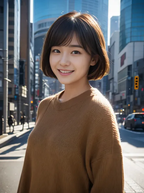 Photoreal, 8k, full body portrait, Beautiful woman, attractive look, A slight smile, short hair, 16 years old, Tokyo city, winter, With Shibuya in the background, Sunlight, Natural light, Place a reflector in front of the camera to brighten the photo