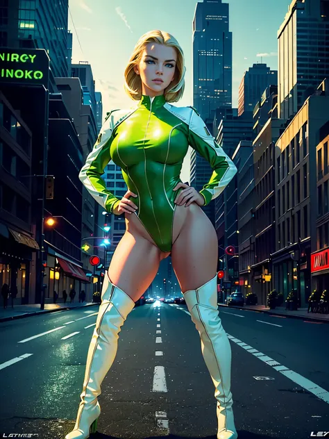 ((best quality)), ((masterpiece)), ((ultra realistic)), american blonde, beautiful detailed face, detailed eyes, sexy us military officer, dressed in a green and white leotard, city backdrop, neon edge lighting, highly detailed, professional, bare legs, fu...