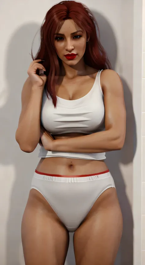 ((((masterpiece, best quality)))), ((33 year old)), (((Curvy))), ((Latina with long red hair)), in ((white tanktop)), ((white high cut panties)), ((Red lipstick)), ((Standing in a messy bathroom)), (((realistic 3D game model)))