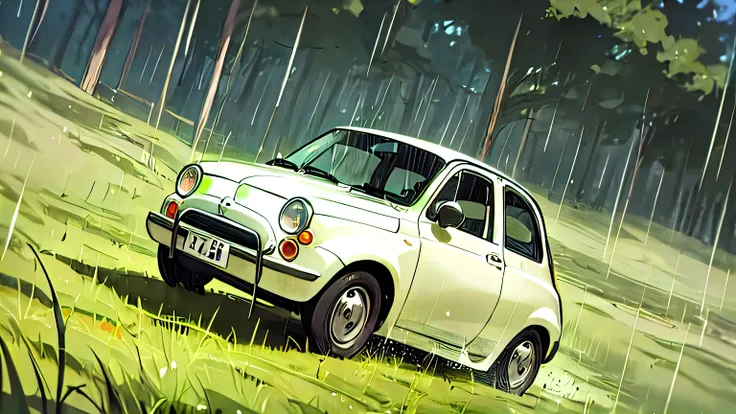 深いforestの中、forest、forestForest、Forest、wood々、wood、深いforest、rain、土砂降りのrain、fiat500 parked、drawing drawing、もっとdrawing drawing、もっともっとdrawing drawing、手前にもwood々、A layer of grass in the foreground