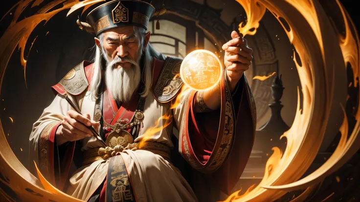 best quality, ultra high resolution，masterpiece, （reality，detail，close up）An ancient Chinese wizard，Wearing Taoist robes，in an old castle，Research spells