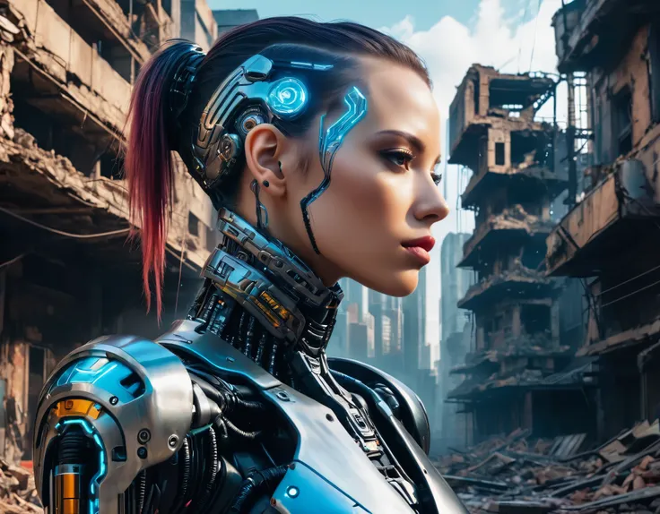 raw photography, ultra detailed, woman, cybernetic neck, (cyborgs: 1.5), background is a city block in ruins, vibrant details, luxurious cyberpunk, hyper-realistic, anatomical, elegant, 8k, best quality, masterpiece, extremely detailed, (realistic, photo-r...