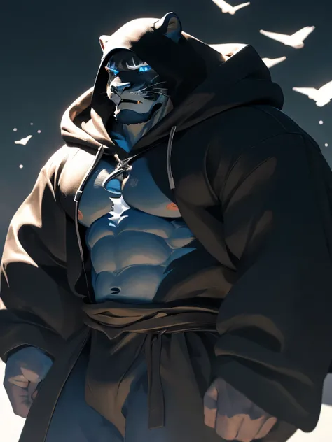 Pictured is a black panther orc，His fur is all black，Wearing a black cloak with a hood，Upper body is naked。He has deep blue eyes。He is strong，The whole body is full of strong muscles，Have a strong man&#39;s figure。The background of the picture is in the da...