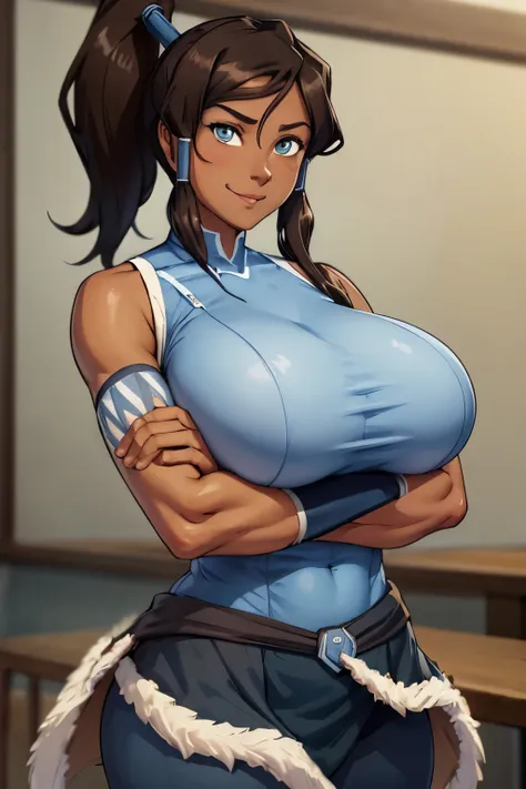 (masterpiece, best quality:1.2), cowboy shot, solo, 1girl, korra,((huge perky breasts:1.2 )), dark skin, dark-skinned female, sm...