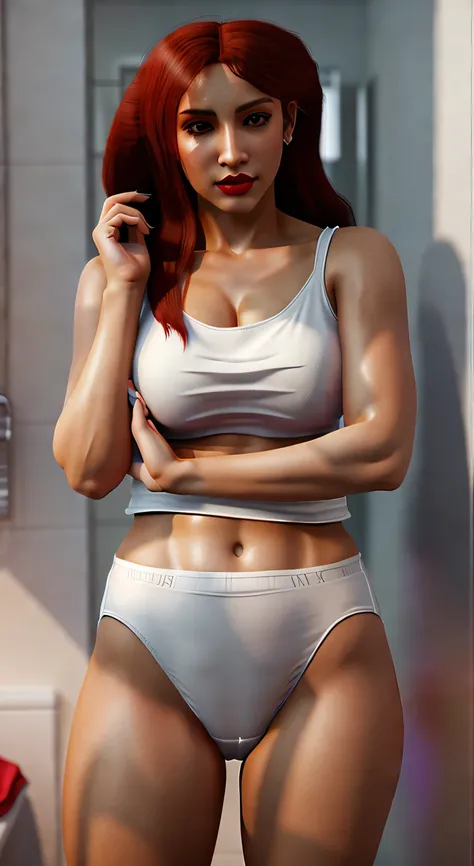 ((((masterpiece, best quality)))), ((33 year old)), (((Curvy))), ((Latina with long red hair)), in ((white tanktop)), ((white high cut panties)), ((Red lipstick)), ((Standing in a messy bathroom)), (((realistic 3D game model)))