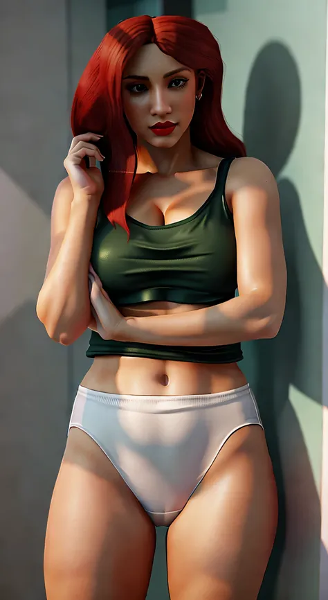 ((((masterpiece, best quality)))), ((33 year old)), (((Curvy))), ((Latina with long red hair)), in ((white tanktop)), ((white high cut panties)), ((Red lipstick)), ((Standing in a messy bathroom)), (((realistic 3D game model)))