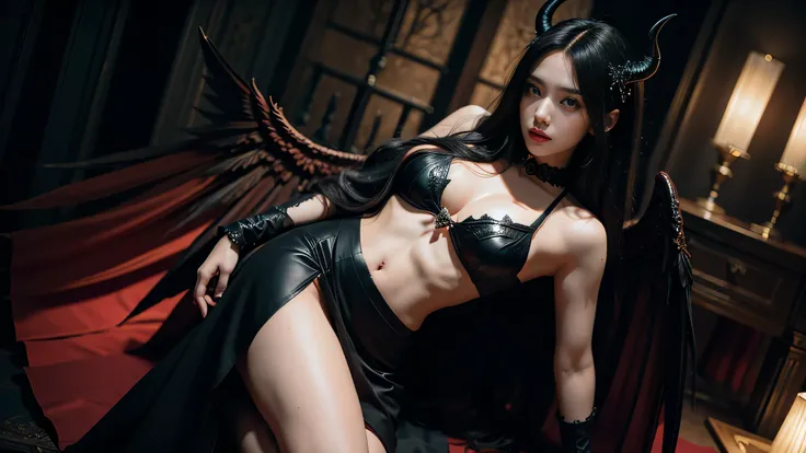 (( solo character ))Full body Beautiful pretty girl in a red  black dress with horns, Beautiful Succubus, gothic girl, Beautiful elegant demon queen., Evil has black angel wings., Succubus in a sexy seduce dress, epic fantasy, captured on canon eos r 6, (R...