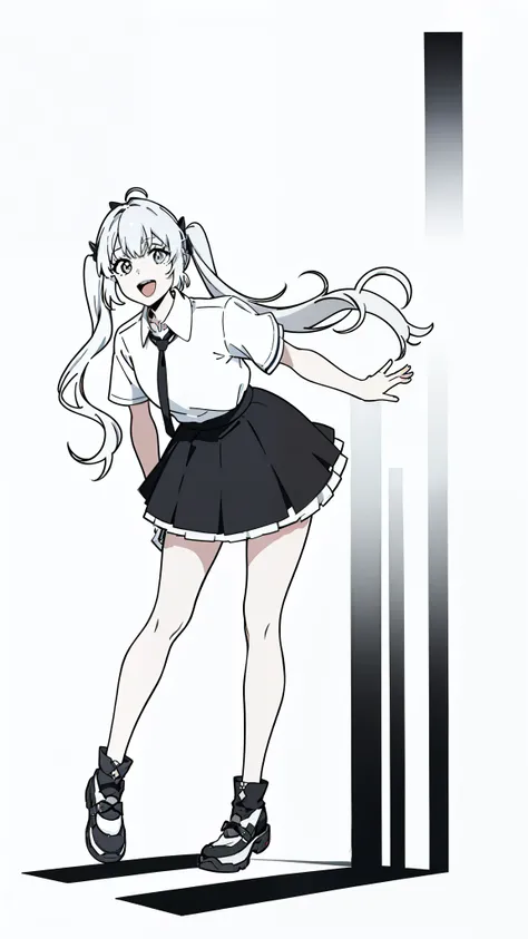 1girl,20 years old,solo,(white background,line drawing),long hair,white hair,fish ears,twintails,((white shirt,short sleeves,black standart tie,black skirt)),full body,leaning forward,smile,open mouth
