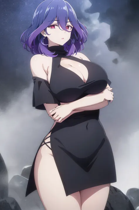 hair clip, High Body, long legs, mature female, mature, adult, simple background, It is_vermilion, 1 girl, alone, chest, purple hair, (black dress,short,you can see my pussy), red eyes, large chest, medium hair, looking at the viewer, hair between eyes, sh...