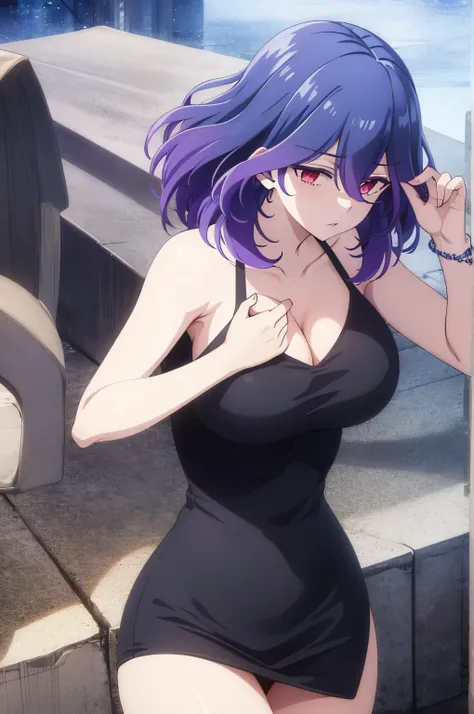 hair clip, High Body, long legs, mature female, mature, adult, simple background, It is_vermilion, 1 girl, alone, chest, purple hair, (black tight dress,short,you can see my pussy), red eyes, large chest, medium hair, looking at the viewer, hair between ey...