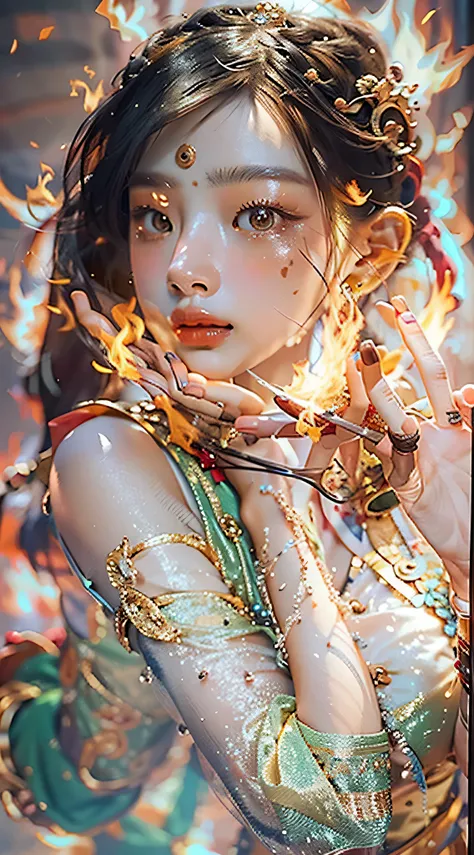 Best quality,masterpiece,ultra high res,(photorealistic:1.4)1girl,beautiful_face,detailed skin,full body,yuhuoshu,jewelry,solo,earrings,(fire:1.3),blurry,realistic,lips,