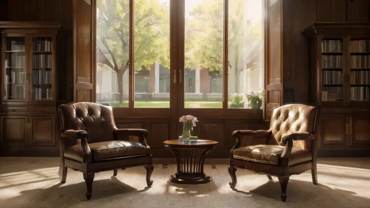 (best quality, highres, ultra-detailed, realistic, photorealistic:1.37), ultra fancy, clean, with flowers, two elegant chairs, beautiful windows, anime style, sunlight, library, no models, wood, books, grass, strong colors, contrast, bright