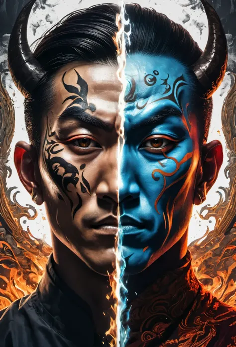 A man with two different faces, (Vertical splicing:1.5), half human, Banxia, Gods and demons unite, With perfect details, animation art style, Large murals, Bright contrast between light and dark, strong facial expressions, octane rendering, 2.5D