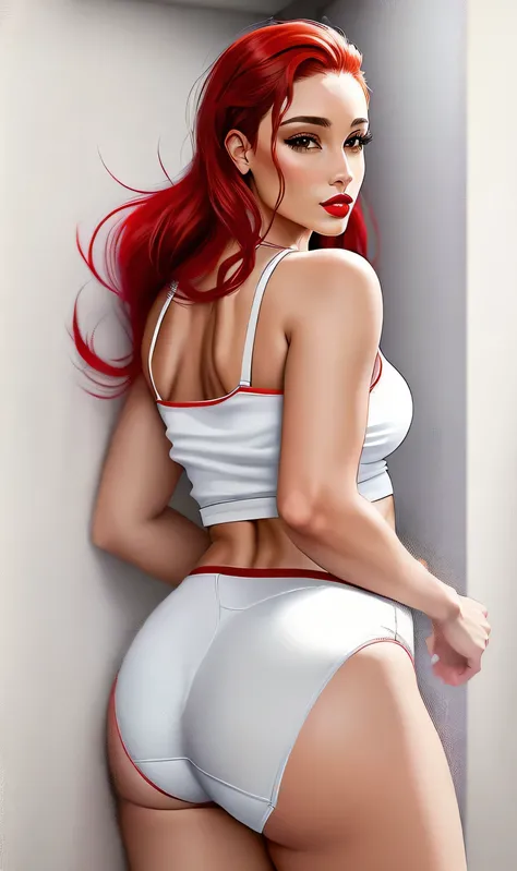 ((((masterpiece, best quality)))), ((33 year old)), (((Curvy))), ((Latina with long red hair)), in ((white tanktop)), ((white high cut fullback panties)), ((Red lipstick)), ((Standing in a messy bathroom)), (((realistic art style)))