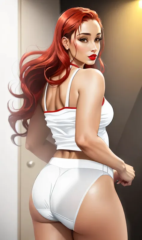 ((((masterpiece, best quality)))), ((33 year old)), (((Curvy))), ((Latina with long red hair)), in ((white tanktop)), ((white high cut fullback panties)), ((Red lipstick)), ((Standing in a messy bathroom)), (((realistic art style)))