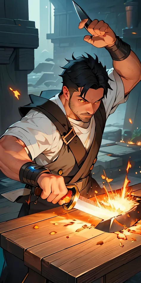 (best quality: 1.0), (ultra high resolution: 1.0),Upper body,1 middle-aged man,orange eyes,black short hair,blacksmith,expression of exertion,raised right hand,Raise the hammer in your right hand,Forged sword on wooden table,Sputtering sparks,Complex patte...