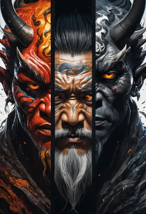 A man with two different faces, (Vertical splicing:1.5), half human, Banxia, Gods and demons unite, With perfect details, animation art style, Large murals, Bright contrast between light and dark, strong facial expressions, octane rendering, 2.5D