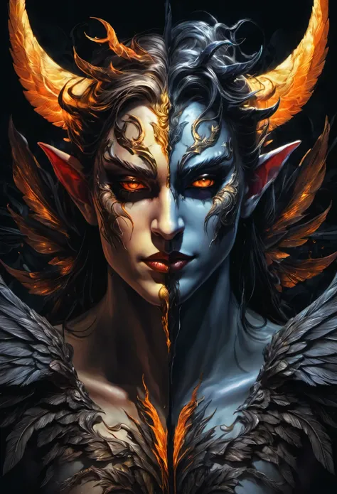 Angel with two different faces, Vertical splicing, Half angel, half demon, Gods and demons unite, With perfect details, animation art style, Large murals, Bright contrast between light and dark, strong facial expressions, octane rendering, 2.5D