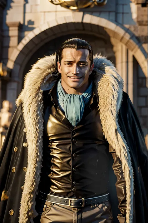 masterpiece, best quality, extremely detailed, hyperrealistic, photorealistic, a cool 40s man, ultra detailed face:1.1, fur-trimmed coat, scarf around the neck, his left hand is a golden pirate hook:1.1, sly smile, royal palace
