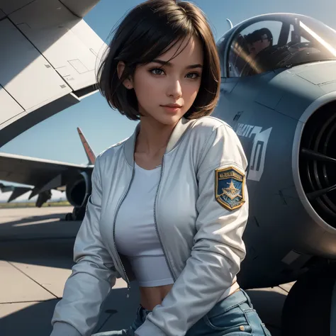 (a beautiful girl:1.1,subtle smile:1.1,sexy bobcut hairdress:1.1,perfect body:1.1,aviator blue sunglasses:1.1,white tshirt:bomber jacket,skintight jeans,boots,fighter jet hangar,airforce base),(best quality:1.2,4k,8k,highres,masterpiece:1.2),ultra-detailed...