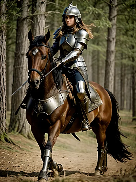 arafed woman in armor rides a horse in a forest, ana de armas als jeanne d'arc, emma watson als ritter, of a beautiful knight, b...