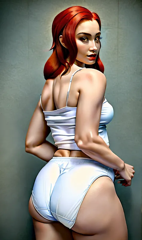 ((((masterpiece, best quality)))), ((33 year old)), (((Curvy))), ((Latina with long red hair)), in ((white tanktop)), ((white high cut fullback panties)), ((Large Hips)), ((Standing in a messy bathroom)), (((realistic art style)))