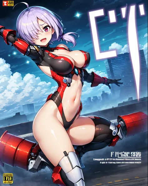 ,1girl,(teen:1.5), (short_ponytail:1.3), (light_whitish_purple_hair:1.3),black_mechanical_armor_parts,white_breasts_parts_red_black_body_suit,bare_shoulder,bare_slender_thighs,medium_breasts,city_background,Stinging_eyes,sleepy,thighhigh_greaves,gauntlets,...