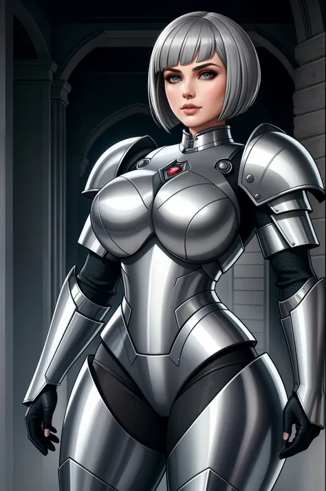 lady steelheart, armoured woman, steel grey hair, young woman, short hair, bobcut