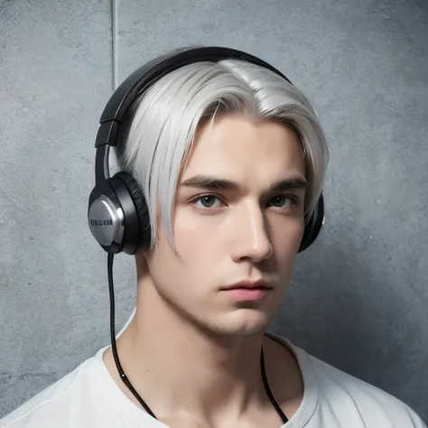 pixel art，Mug shot，White-haired boy，gray pupils，with headphones