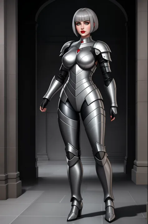 lady steelheart, armoured woman, steel grey hair, young woman, short hair, bobcut, grey eyes, red lips, full body shot