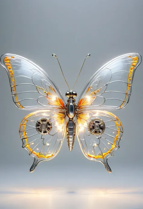 symmetry，whole body, solid light grey background, The combination of biology and machinery, Transparent mechanical butterfly, The internal structure is complex and precise, glowing neon lights,(high detail, masterpiece, best quality, ultra high definition,...