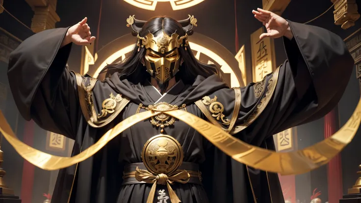 good quality, ultra high resolution，masterpiece, （reality，detail）In ancient China，leader of a cult，Wearing gorgeous black robes，Wears a golden mask，In the center of the temple，prayer