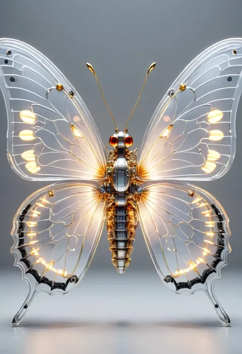 symmetry，whole body, solid light grey background, The combination of biology and machinery, Transparent mechanical butterfly, The internal structure is complex and precise, glowing neon lights,(high detail, masterpiece, best quality, ultra high definition,...