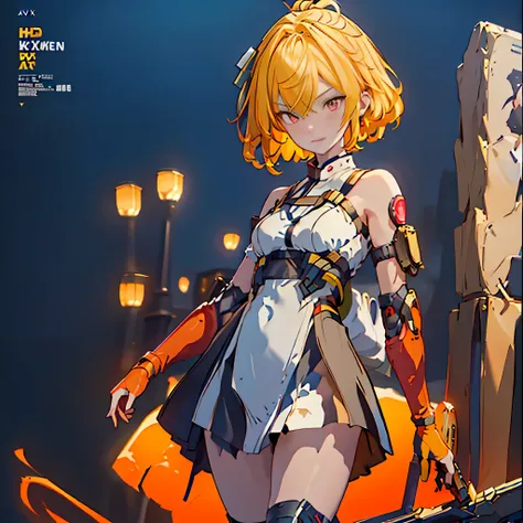 1 girl, tie up hair, short hair, short blond hair, red eyes, innocent smile, black mech armor, cool and sexy face, black thigh knee sock, Sharp face, Yellow ribbon, battlefield, outside, black crown,  standing, ,Fenny Coronet, Shotgun , one person, alone, ...