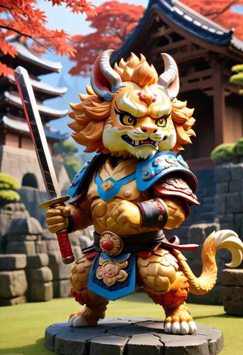 Full body Esbian、cool、pop shisa、eye、bark、diorama、simple background、Japanese warrior、Japan have a sword、castle in the background、highest quality, Capture the cutest moments, written boundary depth, Super detailed, ultra high resolution, octadale, 8k, 16km r...