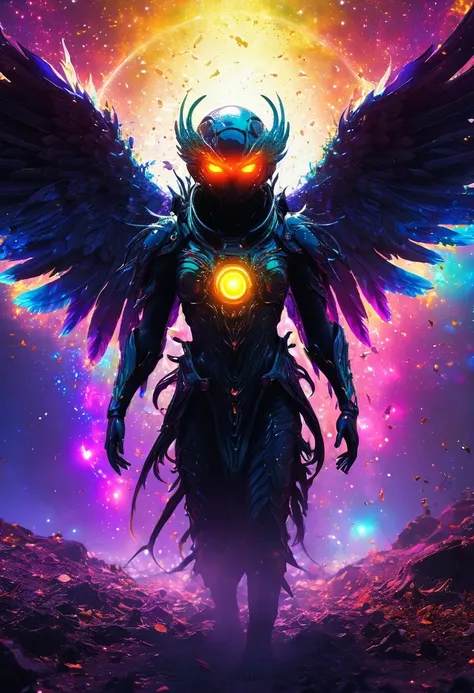 cosmic fallen angel, glowing eyes, biology, Strange, crawl, nightmarish, Very bright colors, light particles, glowing light, move, wallpaper art, Ultra HD Wallpaper