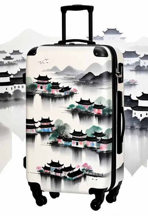 suitcases,printing:Geometric abstract ink,Describe the Jiangnan landscape architectural complex,Wu Guanzhong'Style is an artistic expression that combines traditional Chinese ink painting techniques with Western painting concepts... It features modern ...