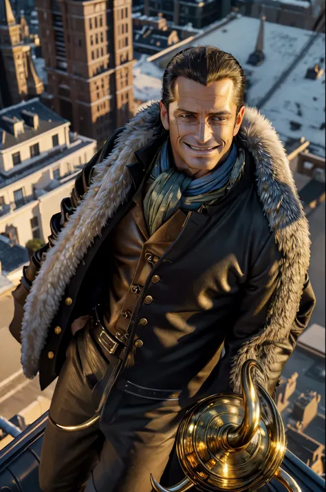 masterpiece, best quality, extremely detailed, hyperrealistic, photorealistic, a cool 40s man, ultra detailed face:1.1, fur-trimmed coat, scarf around the neck, his left hand is a golden pirate hook:1.1, sly smile, rooftop, from above:1.1