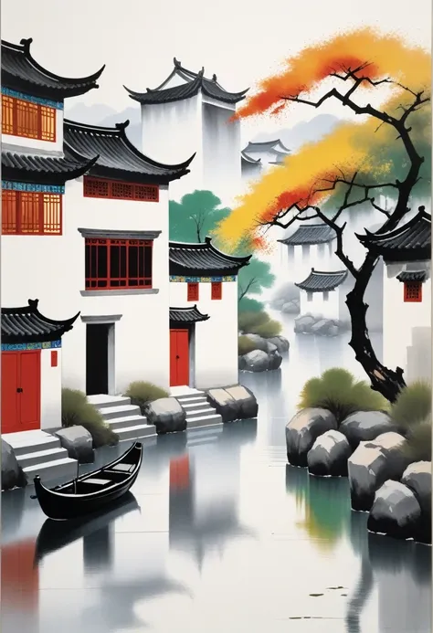 Tips for stable diffusion are: "suitcases, Print: Geometric abstract ink, Description of the Jiangnan landscape architectural complex, Imitation of Wu Guanzhong style, It is an artistic expression that combines traditional Chinese ink painting techniques w...