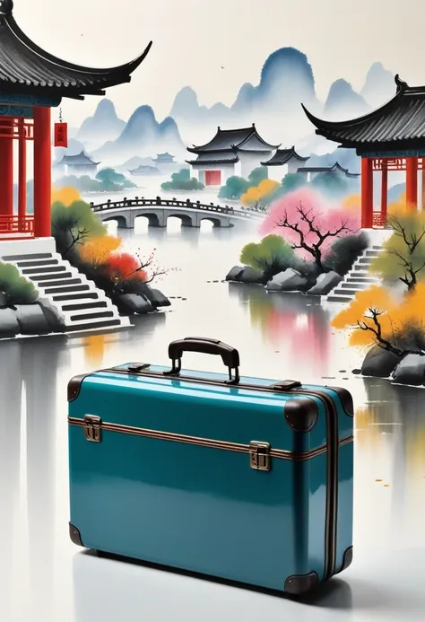 Tips for stable diffusion are: "suitcases, Print: Geometric abstract ink, Description of the Jiangnan landscape architectural complex, Imitation of Wu Guanzhong style, It is an artistic expression that combines traditional Chinese ink painting techniques w...