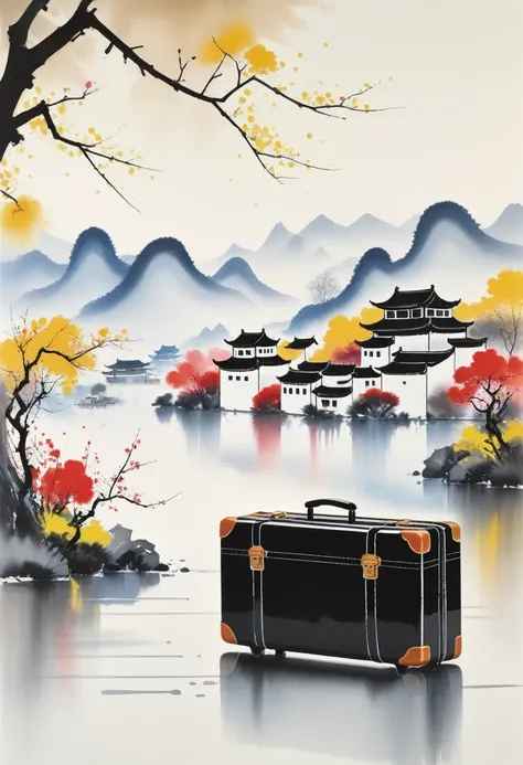 Tips for stable diffusion are: "suitcases, Print: Geometric abstract ink, Description of the Jiangnan landscape architectural complex, Imitation of Wu Guanzhong style, It is an artistic expression that combines traditional Chinese ink painting techniques w...