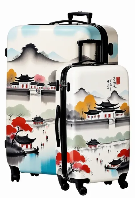 suitcases,printing:Geometric abstract ink,Describe the Jiangnan landscape architectural complex,Wu Guanzhong'Style is an artistic expression that combines traditional Chinese ink painting techniques with Western painting concepts... It features modern ...
