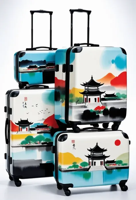 suitcases,printing:Geometric abstract ink,Describe the Jiangnan landscape architectural complex,Wu Guanzhong'Style is an artistic expression that combines traditional Chinese ink painting techniques with Western painting concepts... It features modern ...