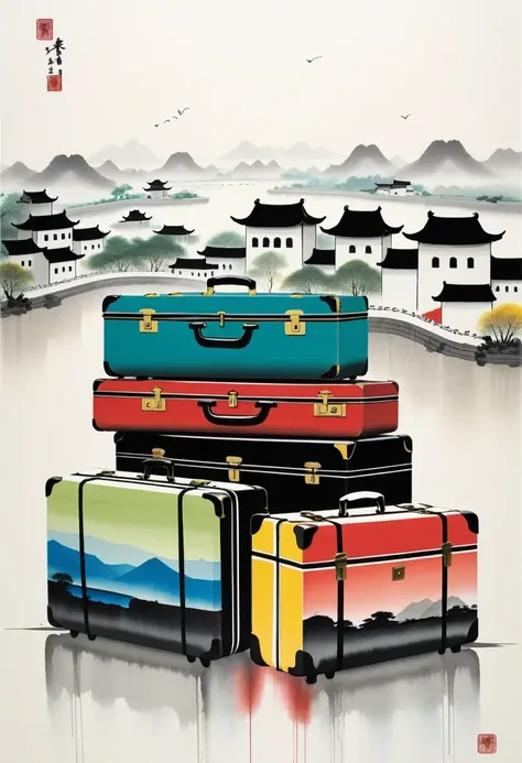 suitcases，printing：Geometric abstract ink，Describe the Jiangnan landscape architectural complex，Wu Guanzhong&#39;Style is an artistic expression that combines traditional Chinese ink painting techniques with Western painting concepts... It features modern ...