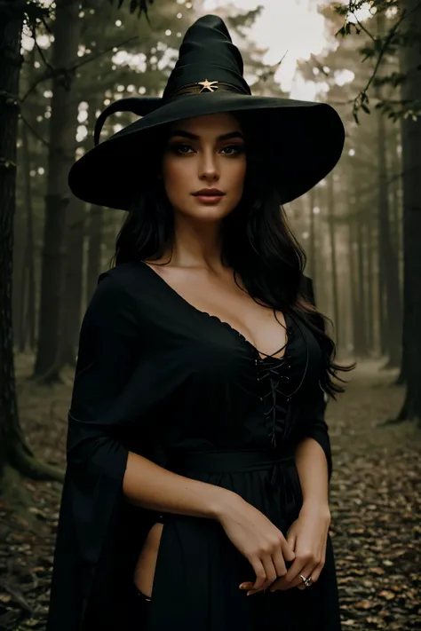 (Best quality, Ultra-detailed, Golden ratio, Masterpiece: 1.1), Cinematic photo of a beautiful, sexy witch with long, black hair and emerald green eyes, set against the backdrop of a mystical, moonlit forest, (High contrast: 0.8), (Subtle, unearthly glow: ...