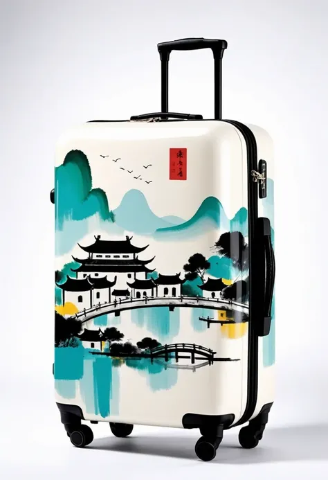 suitcases,printing:Geometric abstract ink,Describe the Jiangnan landscape architectural complex,Wu Guanzhong's style is an artistic expression that combines traditional Chinese ink painting techniques with Western painting concepts.. It features modern...