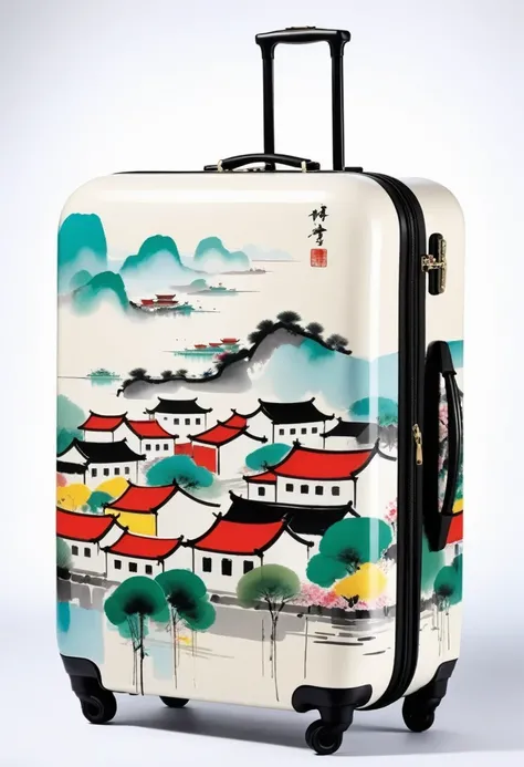 suitcases,printing:Geometric abstract ink,Describe the Jiangnan landscape architectural complex,Wu Guanzhong's style is an artistic expression that combines traditional Chinese ink painting techniques with Western painting concepts.. It features modern...